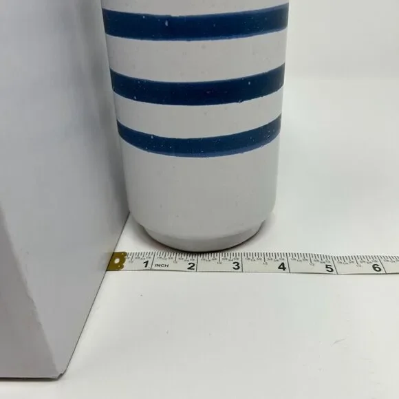 Crate and Barrel Terra Cotta Vase Blue Striped Gray Nautical Decor Hand Painted - Picture 14 of 14